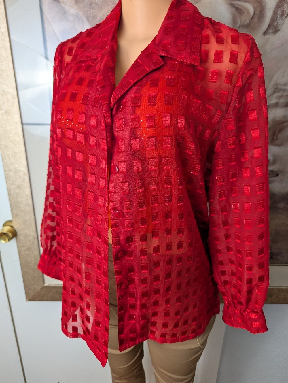 Allison Daley Red Sheer Square Block Textured Long Sleeve Blouse Retro Size PS